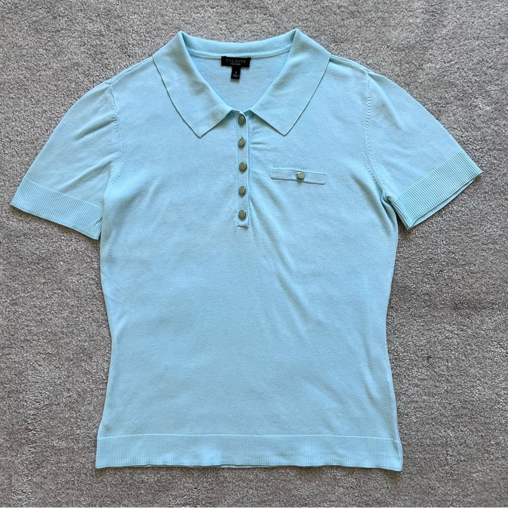 Talbots Baby Blue Knit Cotton Button Collared Top